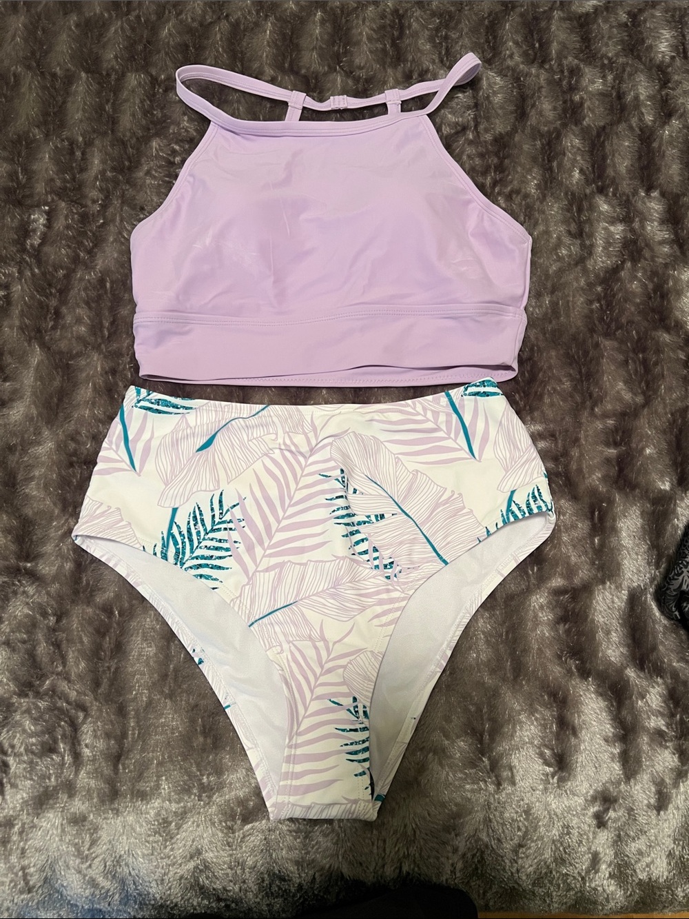 Cupshe Lilac High-Neck Two-Piece Swim Set with Tropical Print Bottoms